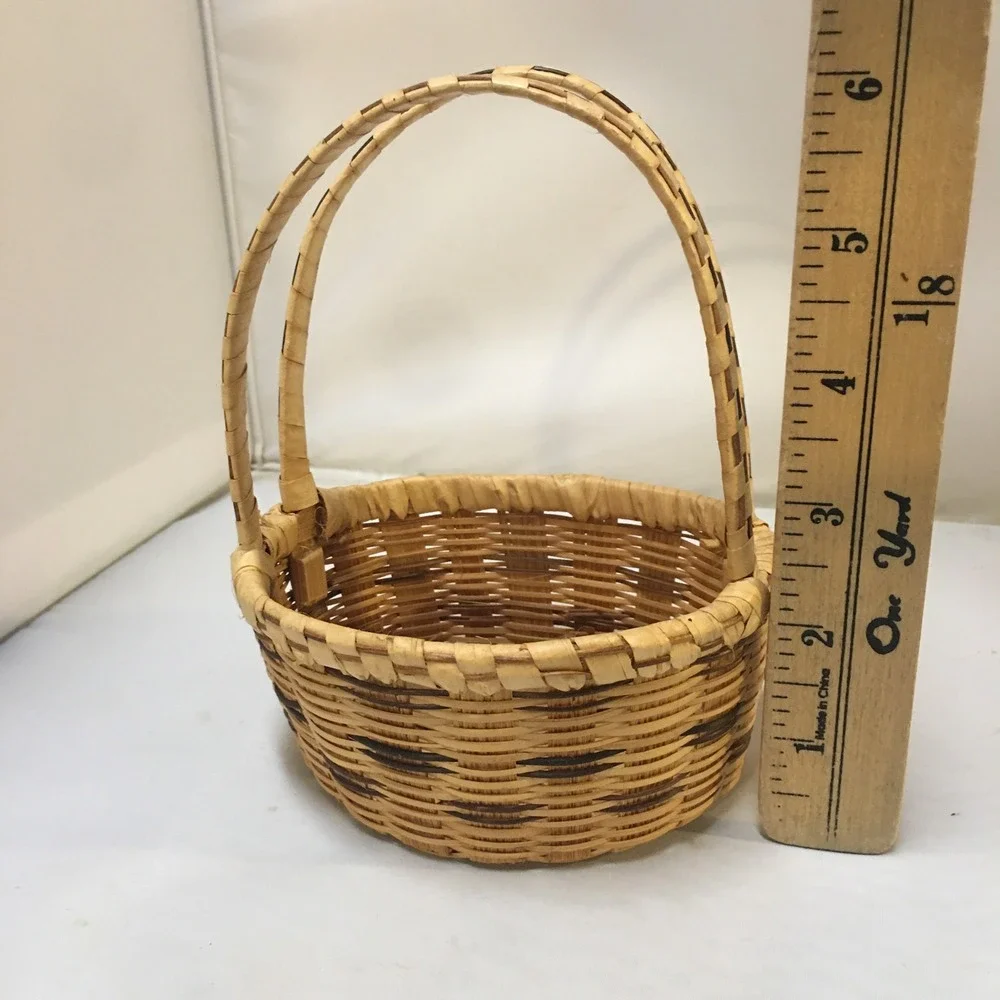 Miniature Woven Basket Small Tan Brown Dual Handle Splint Decor Cottagecore Boho